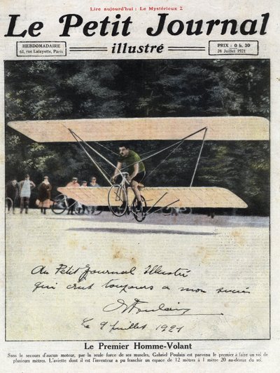 Dedicated portrait of the French inventor and cyclist Gabriel Poulain aboard his 