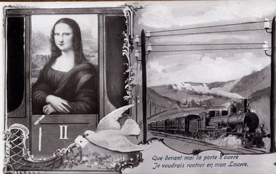 Detournee representation of The Mona Lisa by Leonardo da Vinci: The painting is represented on a train, wishing to find its museum. Comedy postcard edited at the time of the theft of the work by Anonymous Anonymous