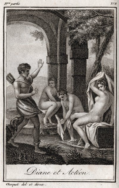 Diana and Actaeon. Diana surprised in the bath by the hunter Actaeon. Engraving from 1819 in 