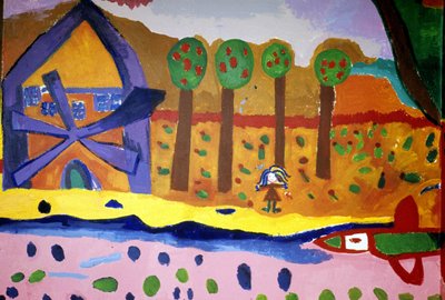 Drawing of children from the Croix Rousse school depicting a mill and trees. Saint Brieuc, Saint-Brieuc. by Anonymous Anonymous