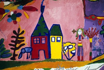 Drawing of children from the Rousse Cross School depicting birds, a girl and a house. Saint Brieuc, Saint-Brieuc. by Anonymous Anonymous