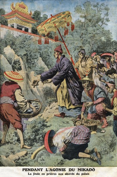 During the agony of the Mikado Meiji: the crowd in prayers near the palace. Engraving in 