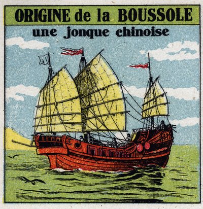 Earth magnetism: ancient Chinese junk using the first compass. Anonymous illustration from 1925. Private collection. by Anonymous Anonymous