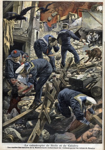 Earthquake in Sicily, Calabria 1909 - The Disaster of Sicily and Calabria - The Sailors of the Mediterranee Looking for Victims Among the Ruins of Messina - 