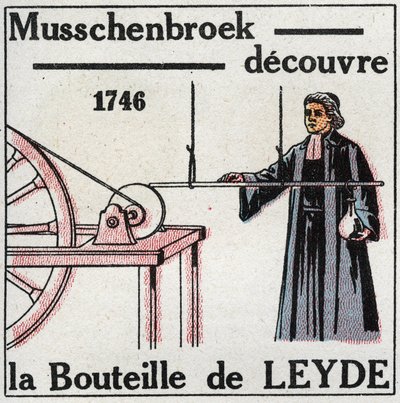 Electric capacitors: Pieter (Petrus, Pierre) van Musschenbroek (1692-1761) discovered the bottle of Leiden, ancestor of the capacitor, in 1746. Anonymous illustration from 1925. Private collection. by Anonymous Anonymous