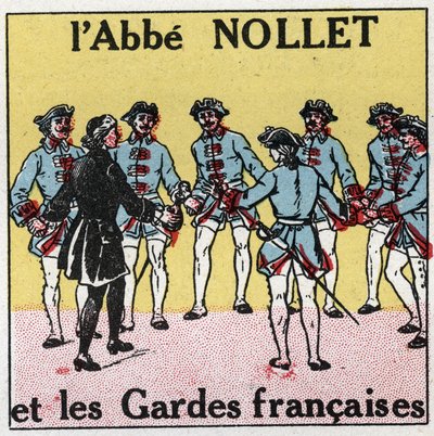 Electric capacitors: concussion caused by capacitors. Experience of the bottle of Leiden by Abbe Jean Antoine Nollet (Jean-Antoine) (1700-1770), French physicist at Versailles, where 180 guards were struck at the same time in 1746. Anonymous illustration f by Anonymous Anonymous