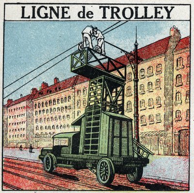 Electric trams: a trolley line. Anonymous illustration from 1925. Private collection. by Anonymous Anonymous