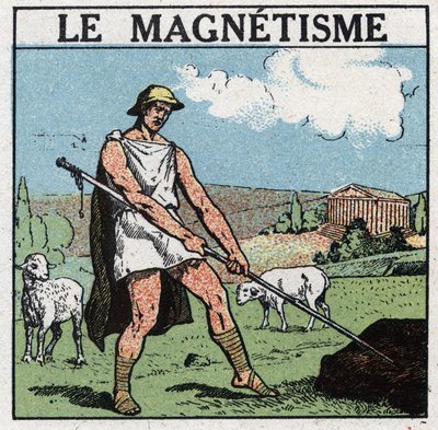Electrical phenomena: magnetism was discovered in Antiquity. The Greek shepherd Magnes could not detach his iron stick from the ground. He found that this phenomenon came from the attraction of a stone called magnetic oxide or magnetic oxide by Anonymous Anonymous