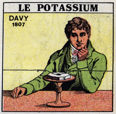 Electrochemistry: decomposition of potash and soda by Sir Humphry Davy in 1807. Anonymous illustration from 1925. Private collection. by Anonymous Anonymous