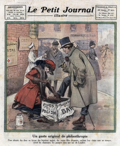 Elegant young girls, their faces hidden behind masks, polish the shoes of London passers-by to raise money for English hospitals. Illustration taken from 