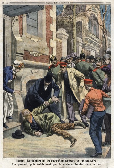 Epidemic in Berlin: A Passerby Suddenly Caught by the Disease Falls on the Street. It was Poisoning by Forged Drinks. Engraving in 