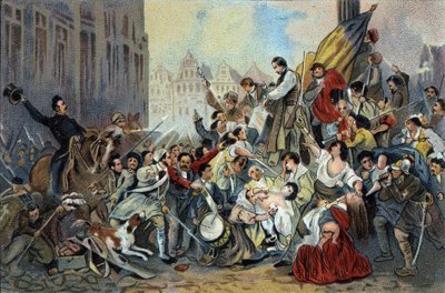 Episode of the Revolution of 1830 in front of the Brussels City Hall. Advertising chromolithography of Antoine chocolates in Brussels, beginning of the 20th century. Private Collection by Anonymous Anonymous