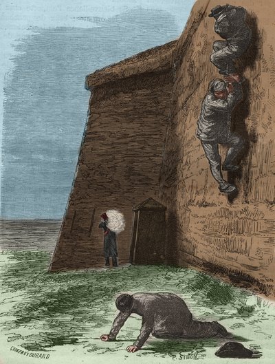 Escape from the bagne de Rochefort in the 19th century. Engraving in Histoire des bagnes depuis leur création à nos jours (1877) by Pierre Zaccone. Private collection. by Anonymous Anonymous