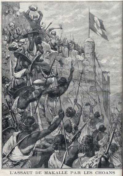Ethiopia: The assault of Makalle by the Choans of Menelik II against the Italian army. Engraving in 