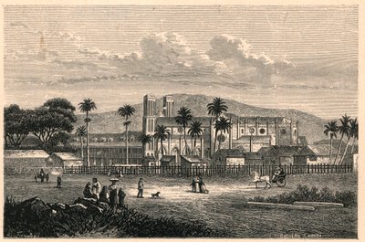 Exterior view of the Cathedral of Port of Spain in Trinidad. Engraving in 