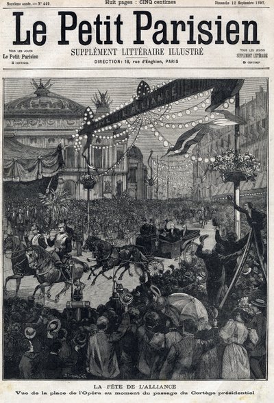 Feast of the Franco-Russian Alliance: view of the Opera Square during the passage of the Presidential Cortege of Felix Faure (1841-1899). In Le Petit Parisien on 12/09/1897 by Anonymous Anonymous
