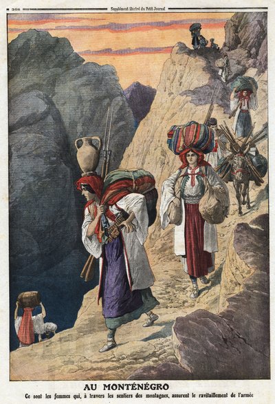 First Balkan War: Montenegrin women cross the mountains on foot to ensure the supply of weapons. Illustration taken from Le Petite Journal 17/11/1912 Private collection by Anonymous Anonymous