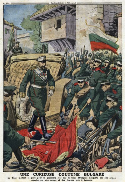 First Balkan War: Tsar Ferdinand I of Bulgaria (1861-1948) Marching on Foreign Lands Conquered by His Army in Mustapha-Pasha, Now Ferdinandovo, Trampling the Weapons and Pennants of Enemies. Illustration from 