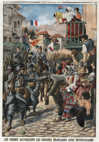 First World War 1914-1918: Serbs welcomed French troops with enthusiasm. Engraving in 