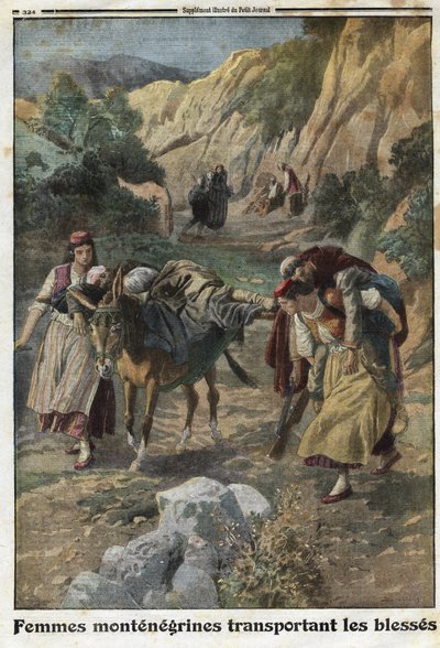 First World War 1914-1918: women of Montenegro carrying wounded men in war on the backs of mules or on their own shoulders. Engraving in 