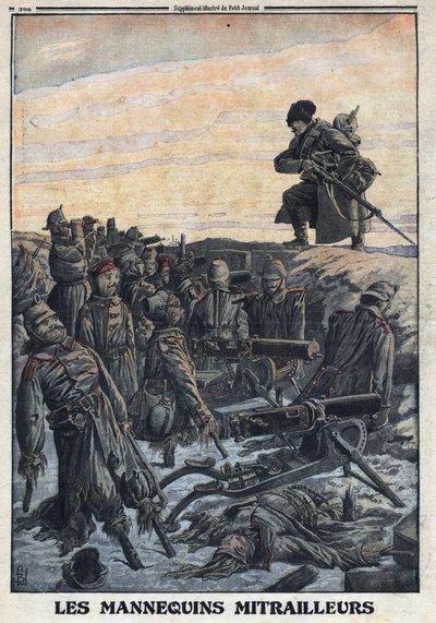 First World War 1914-1918. German soldiers use mannequins in trenches with machine guns to deceive the Russian enemy - In 