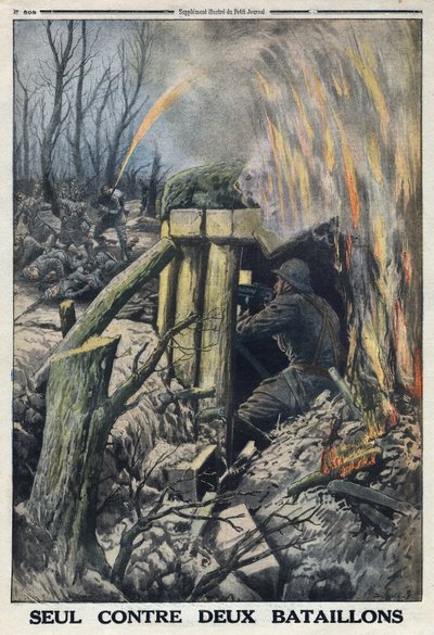 First World War 1914-1918. A French officer fights on his own against two battalions of the German army in the Bois de Caures. In Le Petite Journal, on 14/05/1916. Private Collection by Anonymous Anonymous