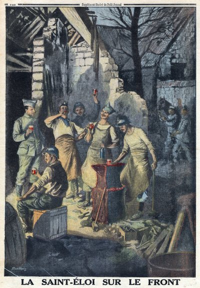 First World War 1914-1918. Celebration of Saint Eloi of soldiers on the front. They all drink a glass of red wine for the party. In 