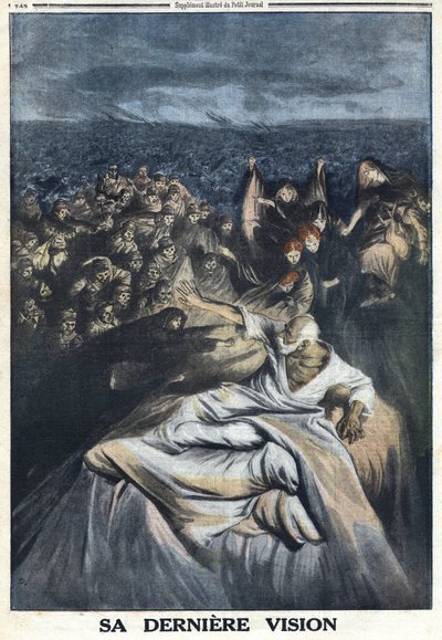 First World War 1914-1918. Death of Francois Joseph I of Austria. His latest vision represented here makes him guilty of all the infamous crimes he has committed. In Le Petite Journal by Anonymous Anonymous