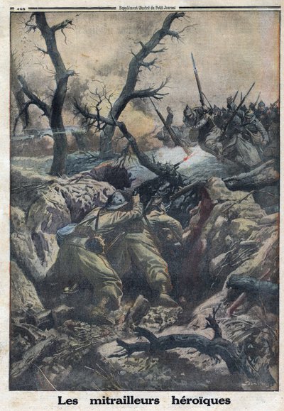 First World War 1914-1918. French machine gunners shooting at German military attacking. In Le Petite Journal, on 9/04/1916. Private Collection by Anonymous Anonymous