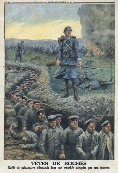 First World War 1914-1918. Headheads: German prisoners parade in a trench conquered by the troops of the French army. In Le Petite Journal, on 5/03/1916. Private Collection by Anonymous Anonymous