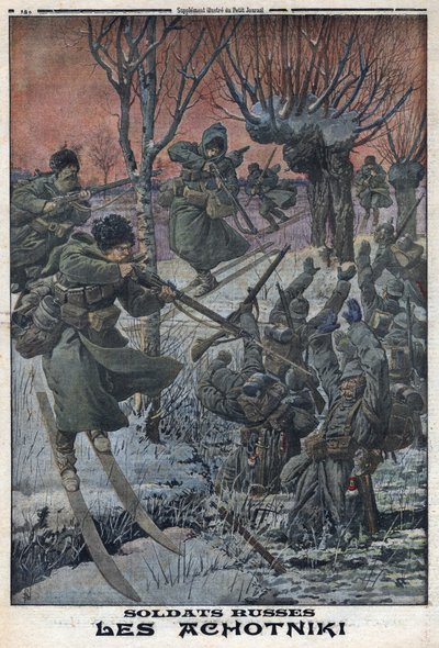 First World War 1914-1918. Russian soldiers Ahotniki on skis shoot German soldiers. In 