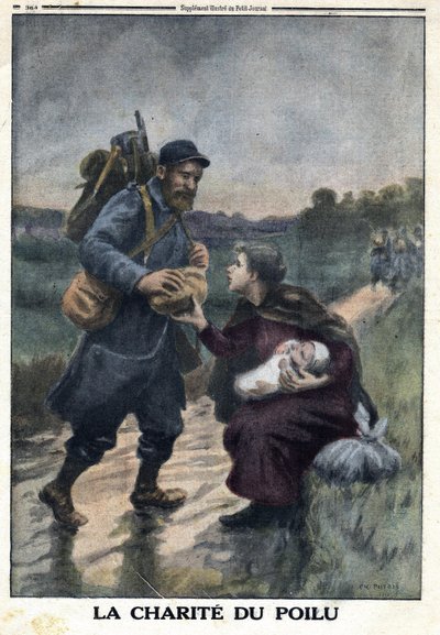 First World War 1914-1918. The charity of the hairy: a French soldier on a path halts to offer bread to a woman alone with her baby. In Le Petite Journal, on 9/01/1916. Private Collection by Anonymous Anonymous