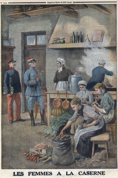 First World War 1914-1918. Women preparing food in the barracks kitchens. Three chefs in the potato corvee, peel the potatoes. In 