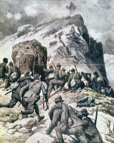 First World War: Italian alpine hunters climbing to the top of the Cauriol, Italian Alps (Illustration from 