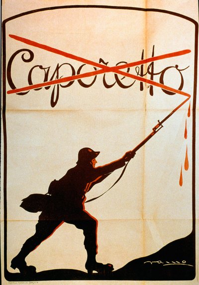 First World War: poster published on the occasion of the defeat of Caporetto (or Battle of Karfreit) at the end of October 1917 representing a soldier of the Italian army who stripped the name 