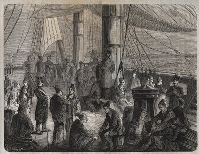 First convoy of forces from Toulon to Cayenne (Guyana) under the Decret of 8 December 1851. Engraving in Histoire des bagnes depuis leur création à nos jours (1877) by Pierre Zaccone. Private collection. by Anonymous Anonymous