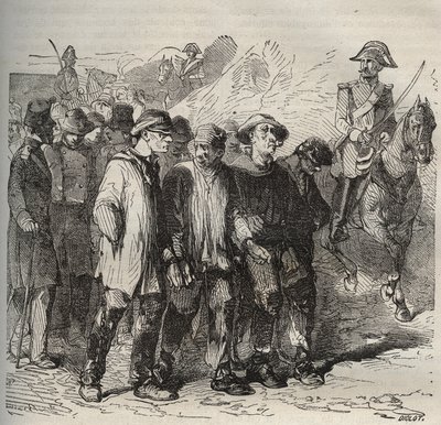Forcats in march at the bagne de Rochefort in the 19th century. Engraving in 