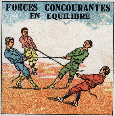 Forces: competing forces in balance. Children pulling on a ring, each by a rope from their side, while remaining in balance by Anonymous Anonymous