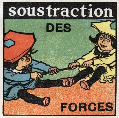 Forces: subtraction of forces. Two kids pulling a rope. Anonymous illustration from 1925. Private collection. by Anonymous Anonymous