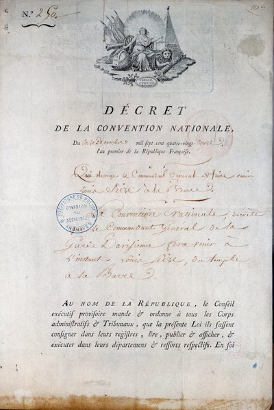 French Revolution: Decret of the Convention of 11/12/1792 ordering the National Guard to bring King Louis XVI from the Temple Prison to the court by Anonymous Anonymous