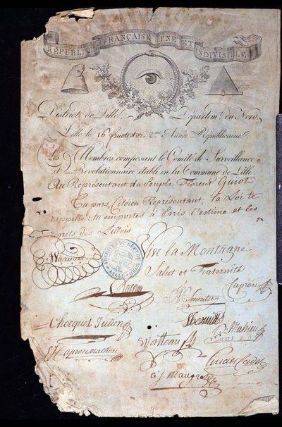 French Revolution: attestation of citizenship from Guiot de Saint-Florent, a revolutionary and representative of the people, by the Revolutionary Committee of Lille dated 16 years II by Anonymous Anonymous