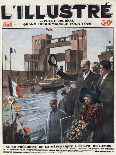 French industry: Albert Lebrun (1871-1950), president of the Republic and Edouard Herriot (1872-1957), president of the council inaugurated the hydroelectric power plant of Kembs in the Haut-Rhin in Alsace. Headline engraving of L