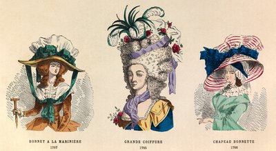 From Left to Right: Sailor Hat in 1787; Grand Hairstyle in 1785 and Bonnet Hat in 1786 by Anonymous Anonymous