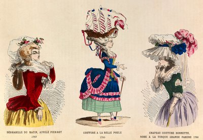 From Left to Right: Morning Undress Called Pierrot in 1787; Hairstyle a la Belle Choule in 1780; Hat and Dress a Turkish Great Adornment in 1786 - Private Collection by Anonymous Anonymous