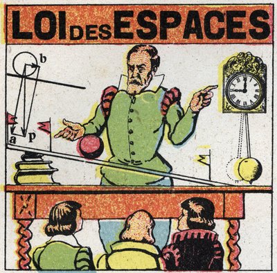 Grainness: law of spaces. Galileo Galilei (1564-1642) observes the movement of a ball on an inclined plane to study the fall of bodies. Anonymous illustration from 1925. Private collection. by Anonymous Anonymous