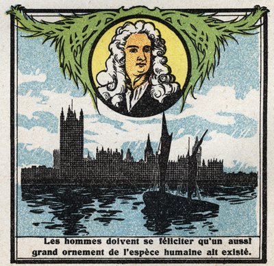 Gravitation: portrait of Isaac Newton (1642-1727) who discovered the laws of gravity. Anonymous illustration from 1925. Private collection. by Anonymous Anonymous