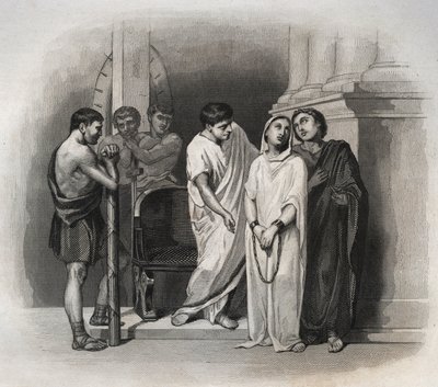 Holy Victory, suffered martyrdom in Carthage with Saint Saturnin, in 304. Engraving from 1846 in Lives of the saints. Private collection by Anonymous Anonymous