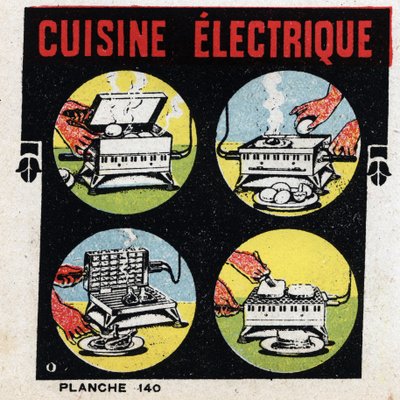 Household uses of electricity: electric kitchen with grill. Anonymous illustration from 1925. Private collection. by Anonymous Anonymous