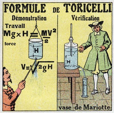 Hydraulic: demonstration and verification of Torricelli formula. The Italian physicist Evangelista Torricelli (1608-1647) gave a formula for calculating the flow rate of a liquid when one knows the height of its fall. On the right, the vase of by Anonymous Anonymous