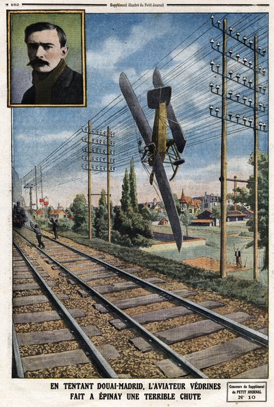 In tempting Douai - Madrid, aviator Jules Vedrines made a terrible fall. Engraving in 